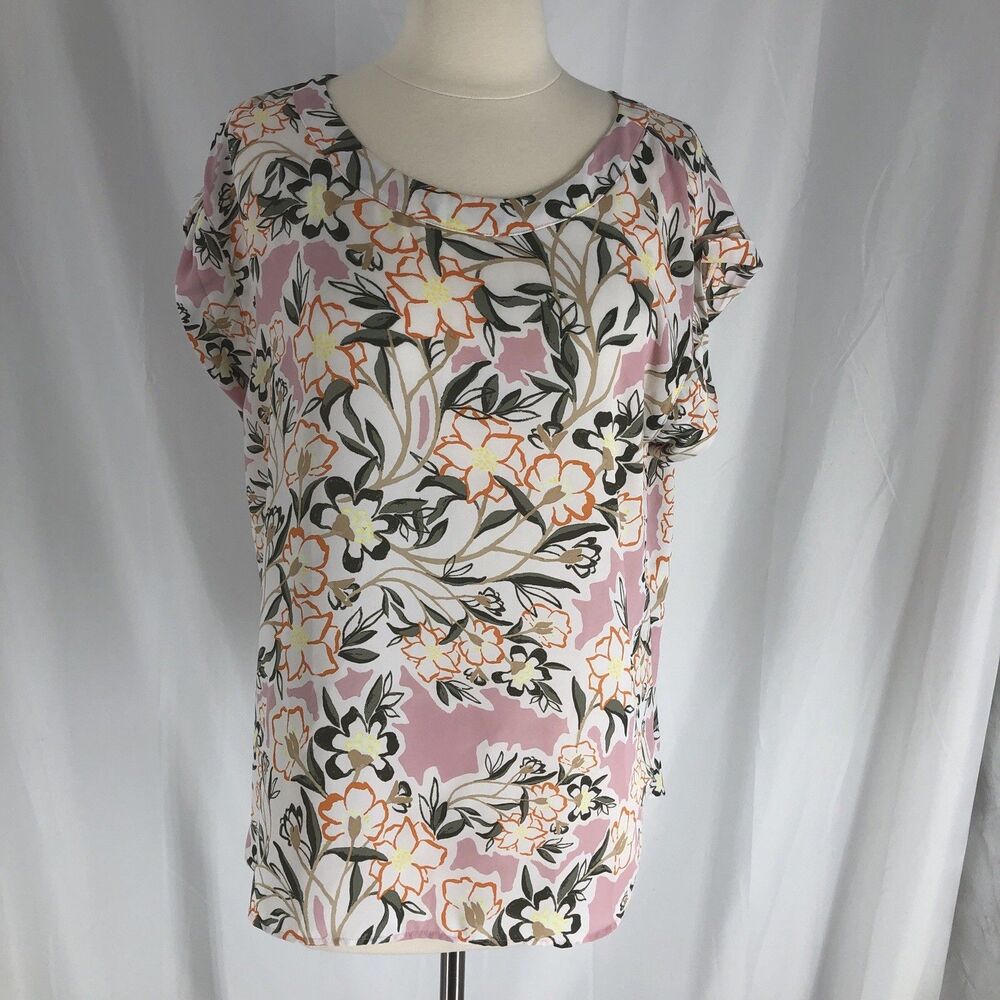 Ann Taylor Factory Women's Sz L Chiffon Blouse Top Pink Floral Cap Sleeve